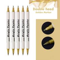 5Pcs Golden Acrylic Paint Markers Dual Tip Brush & Fine Tip Metallic Gold Paint Pens for Art Craft Drawing Rock Painting