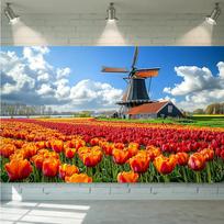 Windmill Tulip Field Netherlands Landscape Wall Tapestry Colorful Floral Art for Home Office Decor 2D Planar Background Fabric 74x94cm(29x37in)