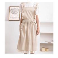 Japanese Korean Cute Lovely Cotton Kitchen Ruffled Aprons, Vintage Baking Apron with Pockets for Chef Cooking Baking Gardening OneSize smėlis