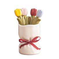 Tulip Shape Fruit Forks Set Creative Ins Style Stainless Steel Fork Ceramic Jar Decorative Fruit Receipt Jar Kitchen Utensils balta