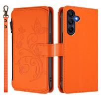 For Samsung Galaxy A15 A16 A25 A26 A32 A36 A53 A56 A71 A73 Case, Flower Wallet Flip Case RFID, Zipper, Card Slots, Wrist Strap For Galaxy A12 oranžinė