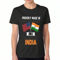 Proudly Made In USA And Rooted In India Flags Women's Cotton T Shirt, Premium Cotton Quality Print, Durable, Relaxed Fit Fashionable T Shirt. S