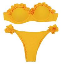 2Pcs/Set Women Summer Bikini Set Bandeau Ruffle Trim Bra Mid-rise Briefs Set Push Up Bathing Suit Split Design Swimsuit S geltona