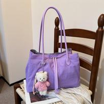 Korean Nyl Shoulder Bag, Spacious Multi-pocket Tote, Double-zip Commute Bag With Bear Pendant, Lightweight Multi-layer Shopper