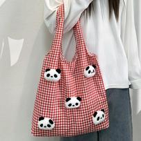 Simple Plaid Women's Shoulder Bags Cute Panda Doll College Girls Vest Canvas Handbags Large Capacity Casual Women's Shopping Bag raudona