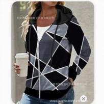 Women Geometric Print Zip Up Hoodie Casual Long Sleeve Black Gray Jacket XXS