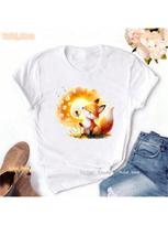 Watercolor Fox Wish Dandelion Animal Printed T Shirt Girls Kawaii Clothes Summer Fashion T-Shirt Wounisex Harajuku Shirt S įvairiaspalvis