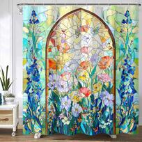 Stained Glass Floral Shower Curtain – Vibrant Blue & Yellow Garden Art, Modern Nature-Inspired Bathroom Decor (as the picture,90x180cm35x71in)