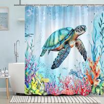 Turtle Shower Curtain Summer Beach Anchor Nautical Starfish Watercolour Art Creative Polyester Shower Curta Bathroom Decor (as the picture,90x180cm)