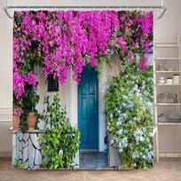 Fence Flowers Shower Curta Blue Window Nature Floral Plants Scenery Modern Garden Wall Hanging Home Bathroom Decor with Hooks (as the picture,90x180cm-35x70in)