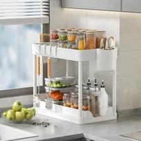 2-Tier Under Sink Sliding Storage Basket Cabinet - Organizer Rack with Hooks and Hanging Cup for Kitchen and Bathroom Use