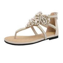 Summer new retro socialite lady pearl bohemian toe flat cool slippers casual Roman sandals 35