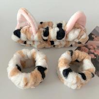 3pcs/set Leopard Print Cute Cat Ear Headband Elastic Soft Wash Face Headbands Coral Fleece Spa Washing Face and Makeup