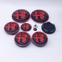 1 rinkinys 9 vnt. 50 mm ratlankio centrinis dangtelis Alfa Romeo 147 166, 74 mm variklio dangčio ir bagažinės, 40 mm vairo rato emblema Brera Spider Giulietta 50mm black cap