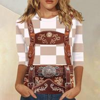 Women Casual Three Quarter Sleeve Oktoberfest Print Round Neck Top Faux Leather Suspenders Pattern Shirt Oktoberfest Style Blouse L