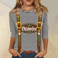 Women's Casual Three Quarter Sleeve Oktoberfest Print Round Neck Top Plaid Pattern Lightweight Comfortable Shirt for Daily Wear L juoda