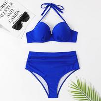 High Waist Sexy Solid Color Steel Ring Bikini Set Medium mėlyna