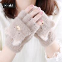 1Pair Lovely Cartoon Bear Fingerless Gloves Cold Proof Mittens Half Finger Gloves Thickened Flip Winter Warm Gloves Women chaki
