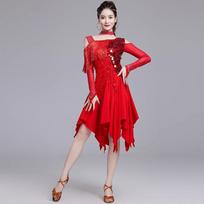 Women Group Latin Dance Dresses Salsa Samba Mesh Sleeves Sparkle Sequins Competition Costume Necklace Fringes Long M raudona