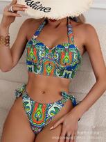 European and American hard cup bikini split swimsuit bikini printed lace-up swimsuit S