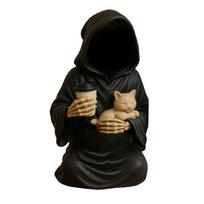 Hooded Grim Reaper Statue Holding Coffee Cup and Cat Figurine Halloween Decoration Indoor Outdoor Tabletop Sculpture one size
