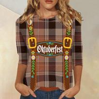 Women's Casual Three Quarter Sleeve Oktoberfest Print Round Neck Plaid Top with Floral Strap Design for Festival Wear L ruda