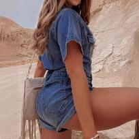 Women's Fashion Casual Lapel Short Sleeve Netflix Style Loose Vintage Denim Pencil Pants Shorts Commuter Jumpsuit S tamsiai mėlyna spalva