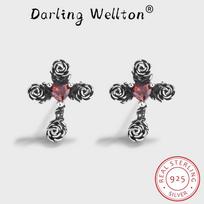 Nauji Retro Ruby Rose Cross Stud Stud auskarai Moterims Gėlių raudona Pilnas cirkonio Originalus Sterling S925 Sidabrinis jubiliejaus dovanos papuošalai