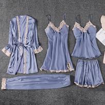 Moterų ledo šilko pižamos komplektas - 5 dalys: Chalatas, Camisole, Šilkinės kelnės, Krūtinės pagalvėlės - Lengvi, Seksualūs, Visų sezonų namų drabužiai M