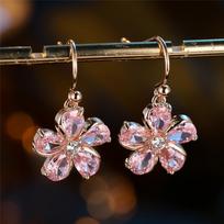 Charm Female Pink Zircon Stone Flower Drop Earrings Cute Trendy Bridal Gold Color Dangle Wedding  For Women