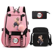 3Pcs/set Cartoon Demon Slayer Printed Backpack with Shoulder Bag for Teenager Student Girl Boy Bookbag Large Capacity Travel Bag