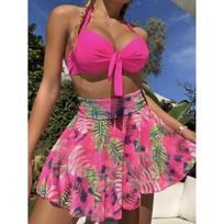 Ladies Swimsuit Biquini Outfits Summer Halter Bra+Thong+Skirts Three Piece Bathing Suit Sexy Flower Print Beach Bikini for Women S