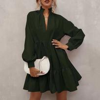Women's Casual Fashion Color V-neck Long-sleeves Ruffle Stitching Big Swing A-line Dress L