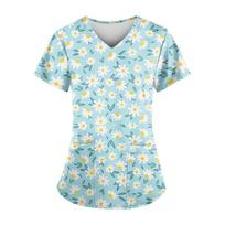Moterims Chirurginiai chalatai Madingi Gėlių rašto Vasaros Laisvalaikio V formos iškirpte Trumpomis rankovėmis T-shirt Lengvas Dantų Gyvūnų Veterinarinis Klinikos Uniforma Moteris S white