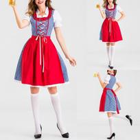 Traditional Bavarian Style Oktoberfest Dress with Lace-Up Bodice and Apron for Women Festival Costume Stage Performance Outfit L raudona
