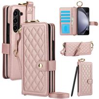 Crossbody RFID Blocking Leather Cover For Samsung Galaxy Z Fold 7 6 5 4 3 5G With Pen Holder Card Wallet Phone Case (No Pen) for SM- Z Fold 7 rožinė