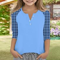 Kids Three Quarter Sleeve Button Casual Shirt Color Block Design Lightweight Comfortable Fit Soft Fabric Children Top 130 mėlyna