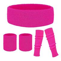 1 Set Sport Knee Braces Headband Wristband Elastic Anti-slip Leg Warmers Retro 80s Party Dance Accessories Halloween Cosplay Prop rožinė