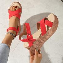 7cm Wedge Heel Buckle New Fashion Platform Thick Bottom Summer Comfortable Walking Sandals for Women Casual Outdoor Daily Footwear 35 raudona