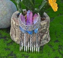 Handmade Natural Crystal 10-Tooth Hair Comb: Three Moons Bridal Headdress Festival Gift
