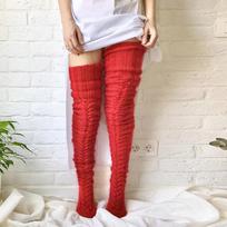 Knit Over The Knee Socks With Pom Pom Detail Thick Cable Knit Long Tube Wool Socks For Women Winter Warm Legwear raudona