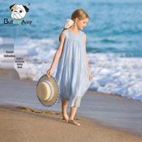CHANZUIGOU Girls' Glazed Blue Tencel Summer Dress 130 cm