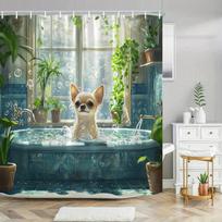 1pc Chihuahua Bathtub Shower Curtain - Cute Chihuahua in Turquoise Bathtub with Bubbles & Lush Greenery (as the picture,90x180cm35x71in)