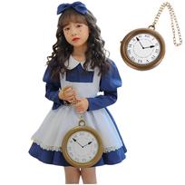 [R-Dream] Alice in Wonderland Costume for Girls with Clock, Maid Outfit, Dress, Apron, Cute, Halloween, Easter, Blue (Size 110)
