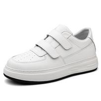 Men's White Leather Velcro Sneakers, Thick Sole, Round Toe, 8CM Height Boost, Small Sizes. 38