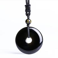 Unisex Natural Obsidian Ping An Kou Pendant Necklace with Jade Ring
