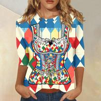 Womens Casual Three Quarter Sleeve Oktoberfest Print Round Neck Top Lightweight Comfortable Fit Seasonal Festival Shirt L