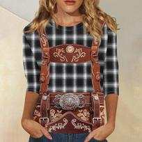 Women's Casual 3/4 Sleeve Oktoberfest Print Round Neck Top Lightweight Soft Fabric Comfortable Fit L