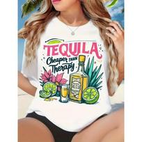 Colorful Summer Tequila Bottle Lime Print T-Shirt Soft Loose-Fit Crewneck Short Sleeve for Women Parties Vacation S
