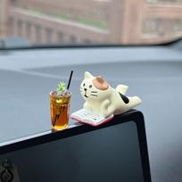 DIY Miniature Lemon Tea Cat Action Figure, Cute Car Dashboard Ornaments Vehicle Decor
